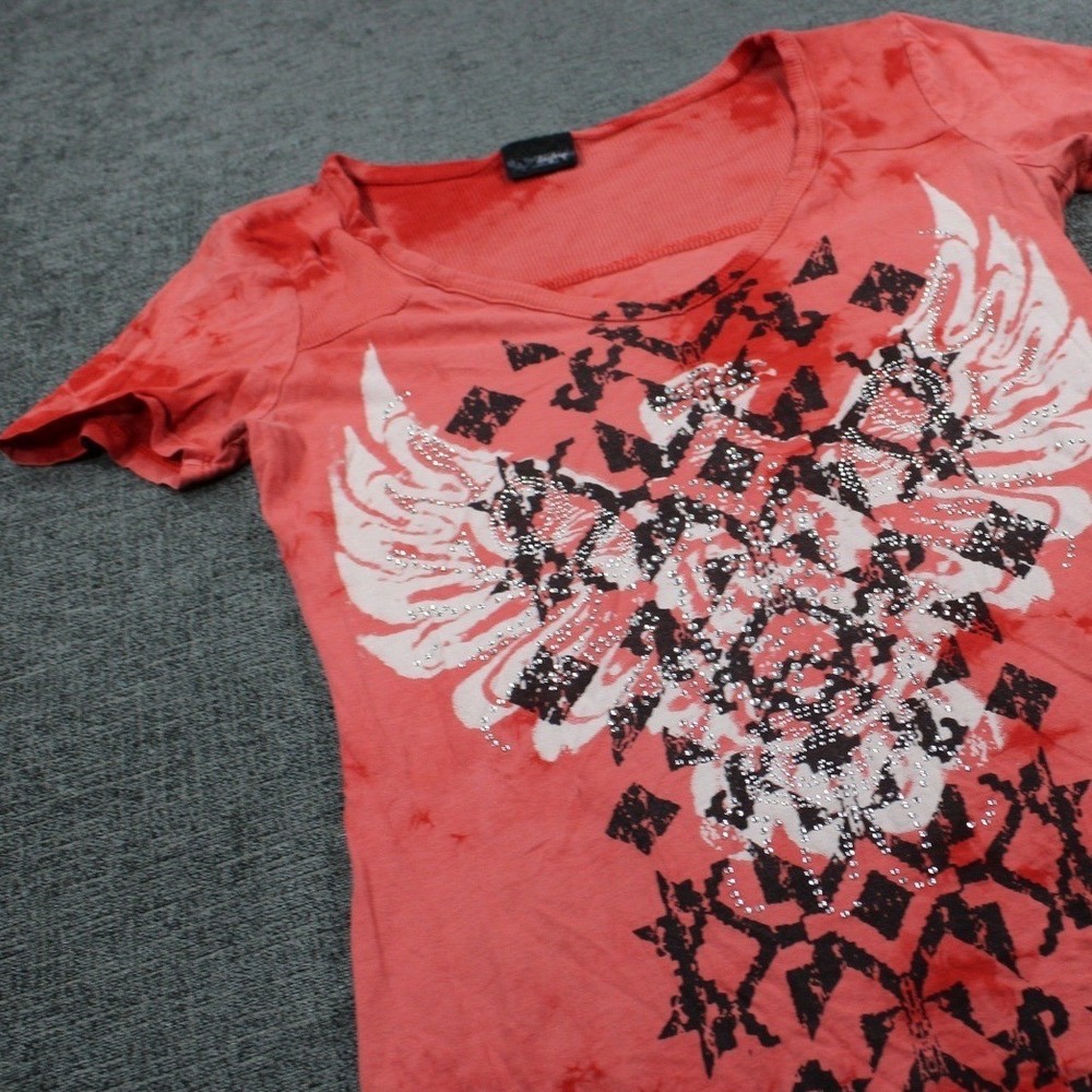 Daytrip Womens Red Tie Dye Rhinestone Graphic V-Neck T-Shirt‎ Medium Cotton USA